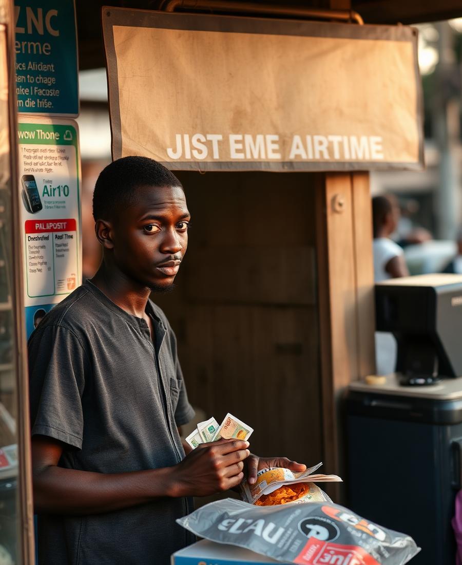 A young man spending small amounts daily on airtime and snacks