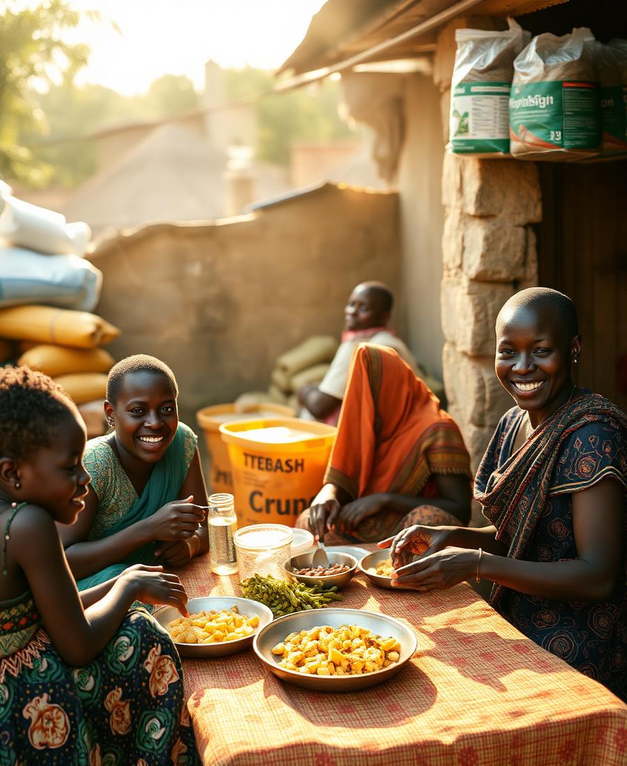 A family sharing a meal with welfare supplies stocked at home